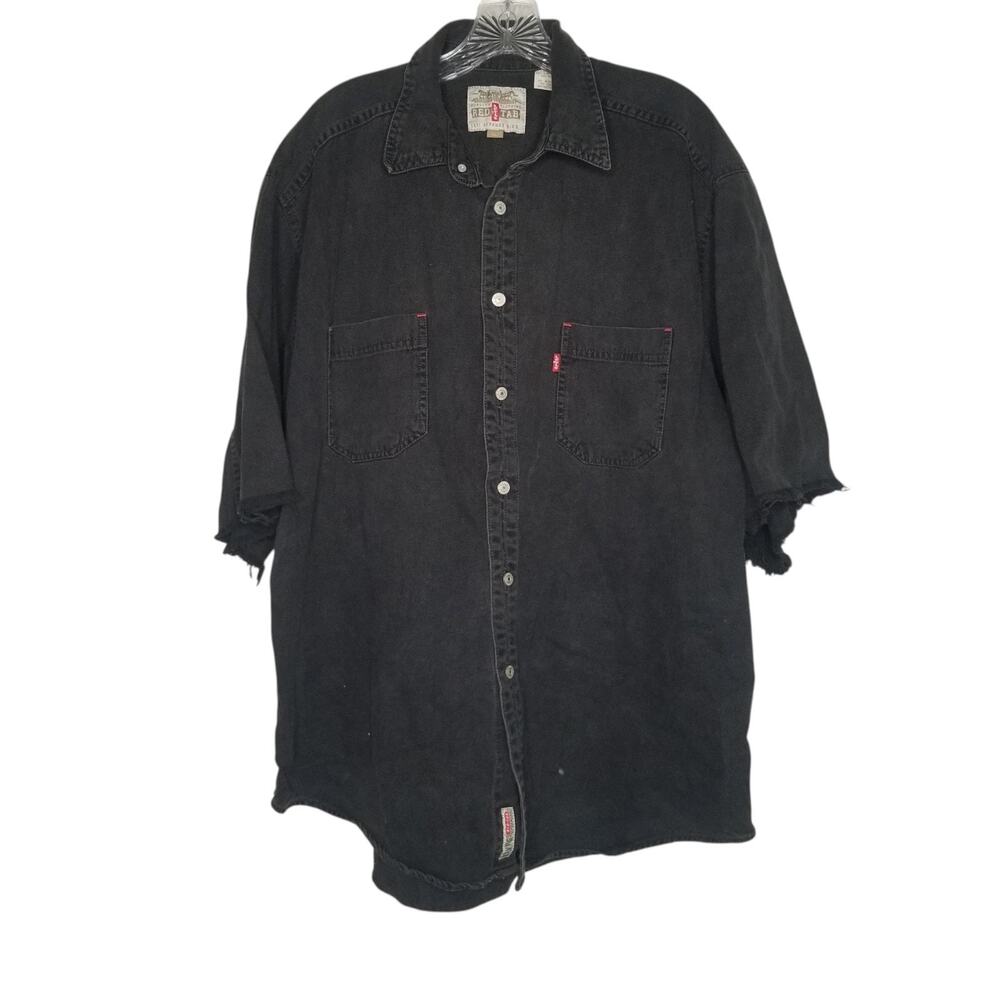 Vintage 90s Levi's Red Tab Black Denim Shirt Size XL Cut Off Sleeves Grunge